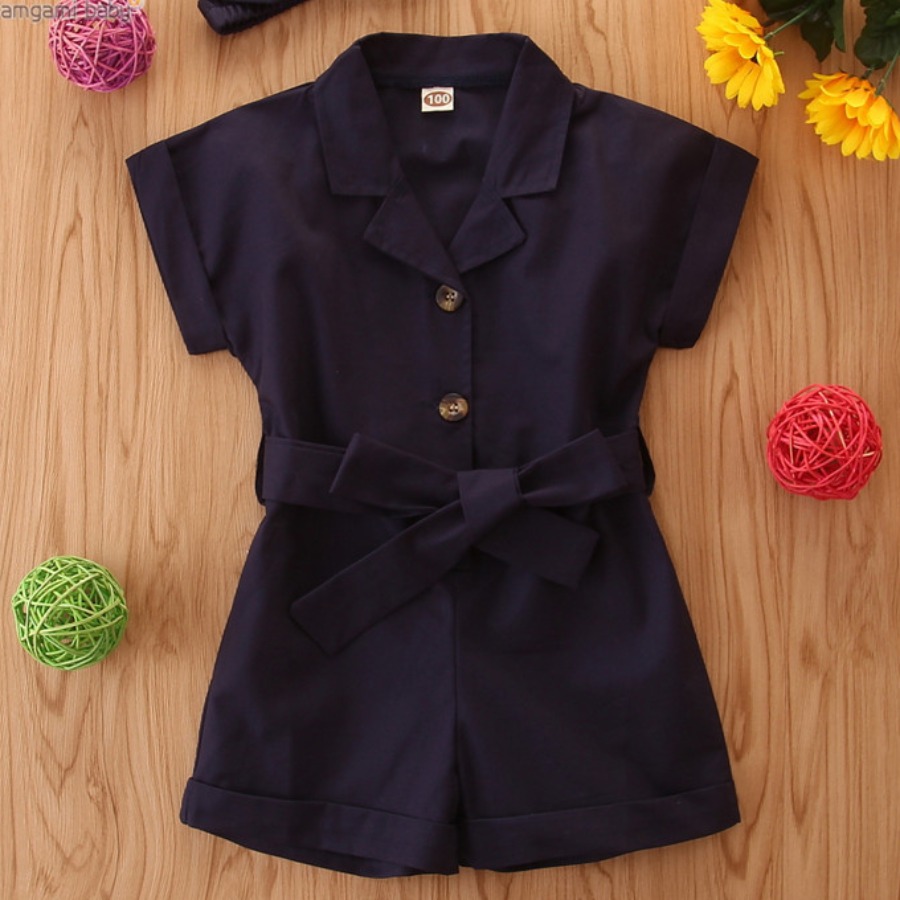 

Lovely Girl Casual Button Bandage Design Dark Blue One-piece Romper