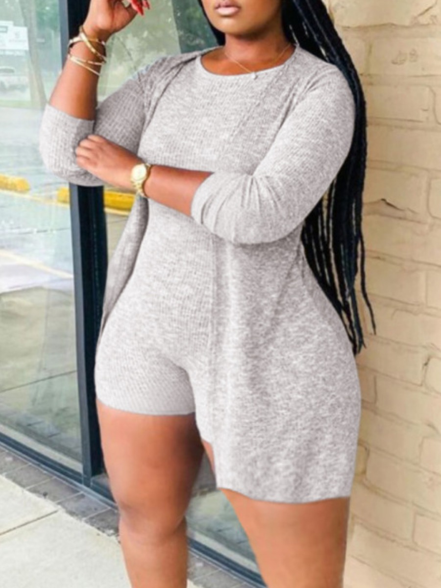 

LW BASICS Plus Size Casual O Neck Grey Two-piece Shorts Set