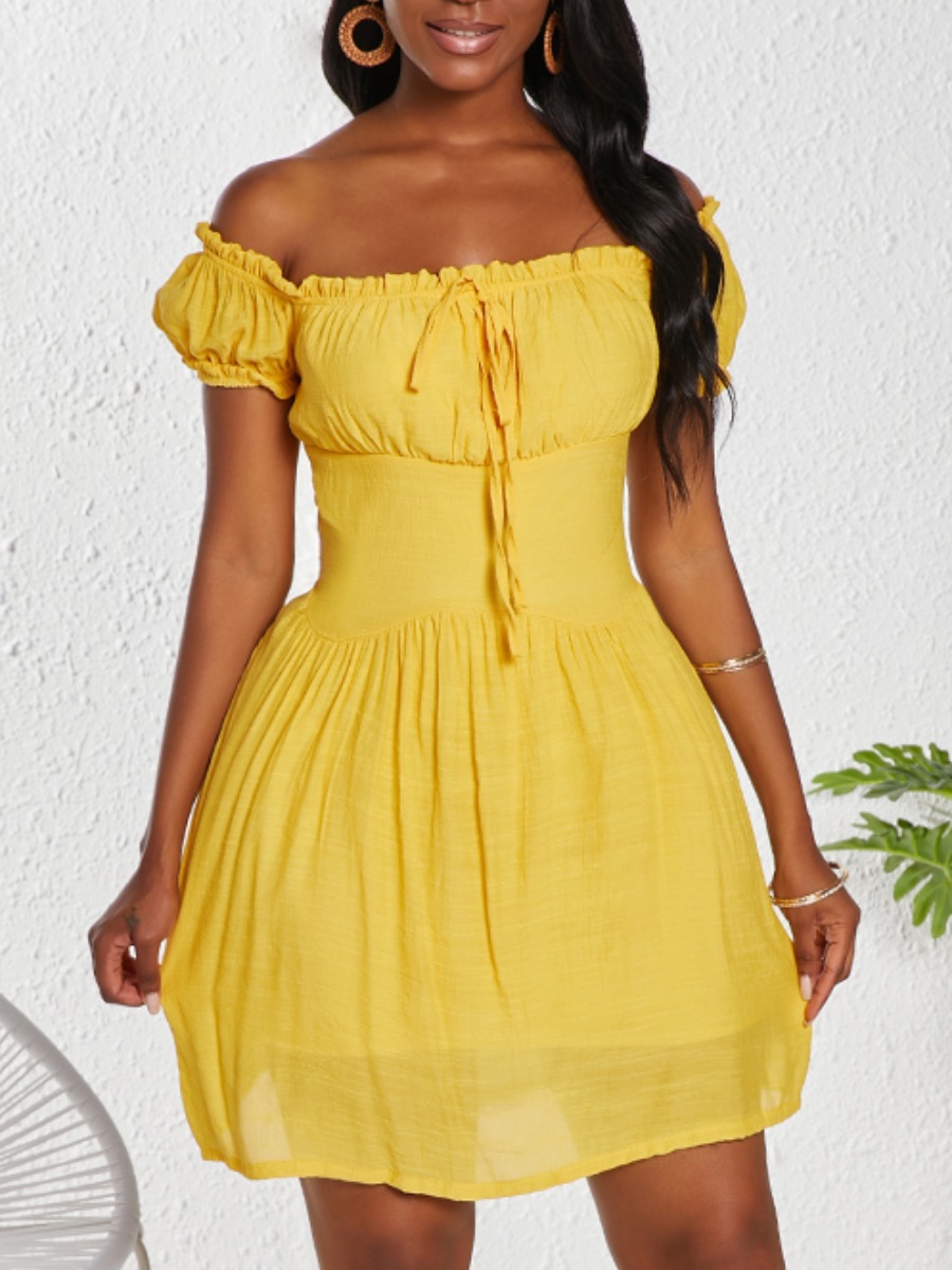 

Lovely Sweet Off The Shoulder Ruffle Design Yellow Knee Length Dress