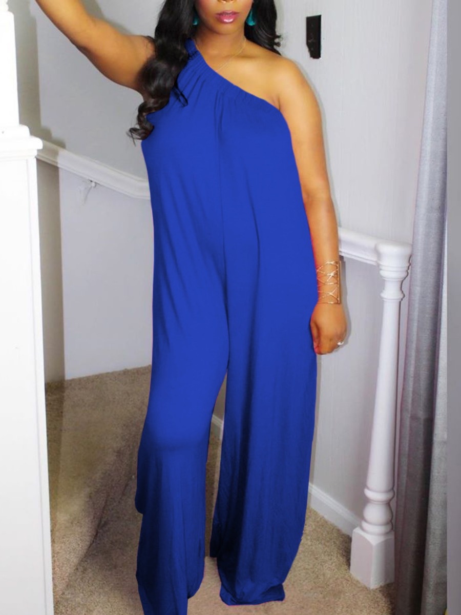 

Lovely Casual One Shoulder Loose Blue One-piece Jumpsuit