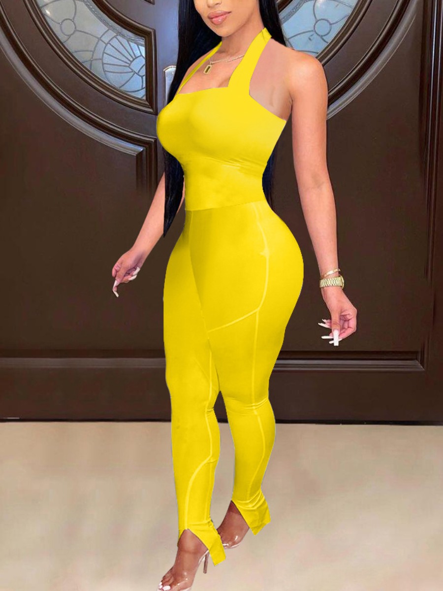 

Lovely Street Square Neck Basic Skinny Yellow One-piece Jumpsuit