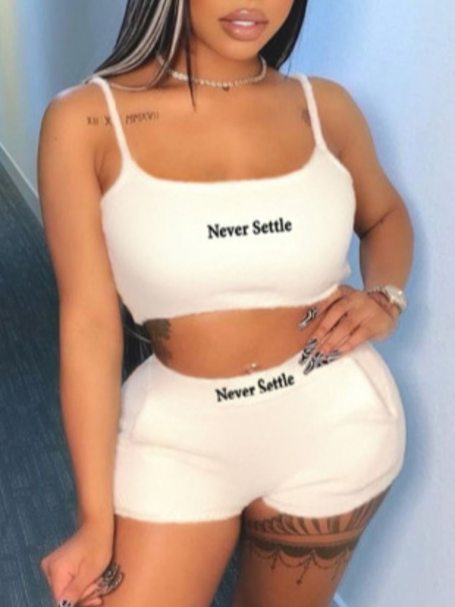 

Lovely Casual Letter Print Crop Top Milk White Two Piece Shorts Set