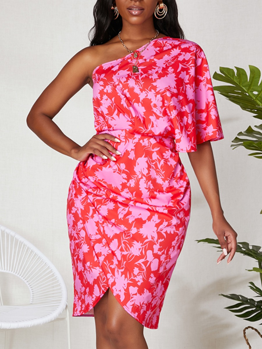 

Lovely Sweet One Shoulder Floral Print Multicolor Knee Length Dress, Multi