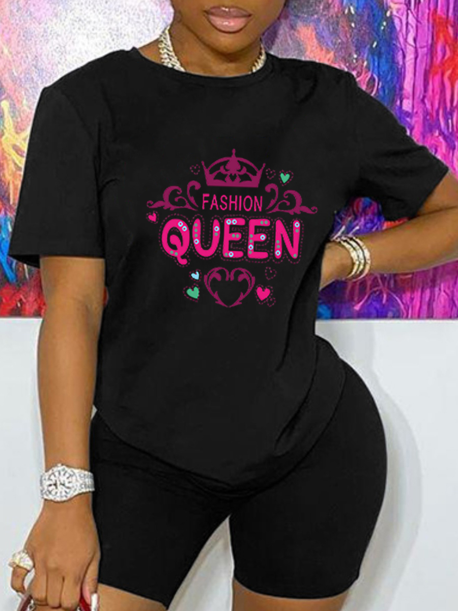 

Lovely Street O Neck Crown Letter Print Black T-shirt