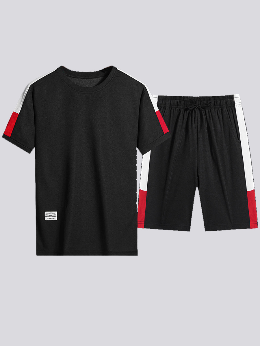 

Lovely Men Sporty O Neck Color-lump Black Two Piece Shorts Set