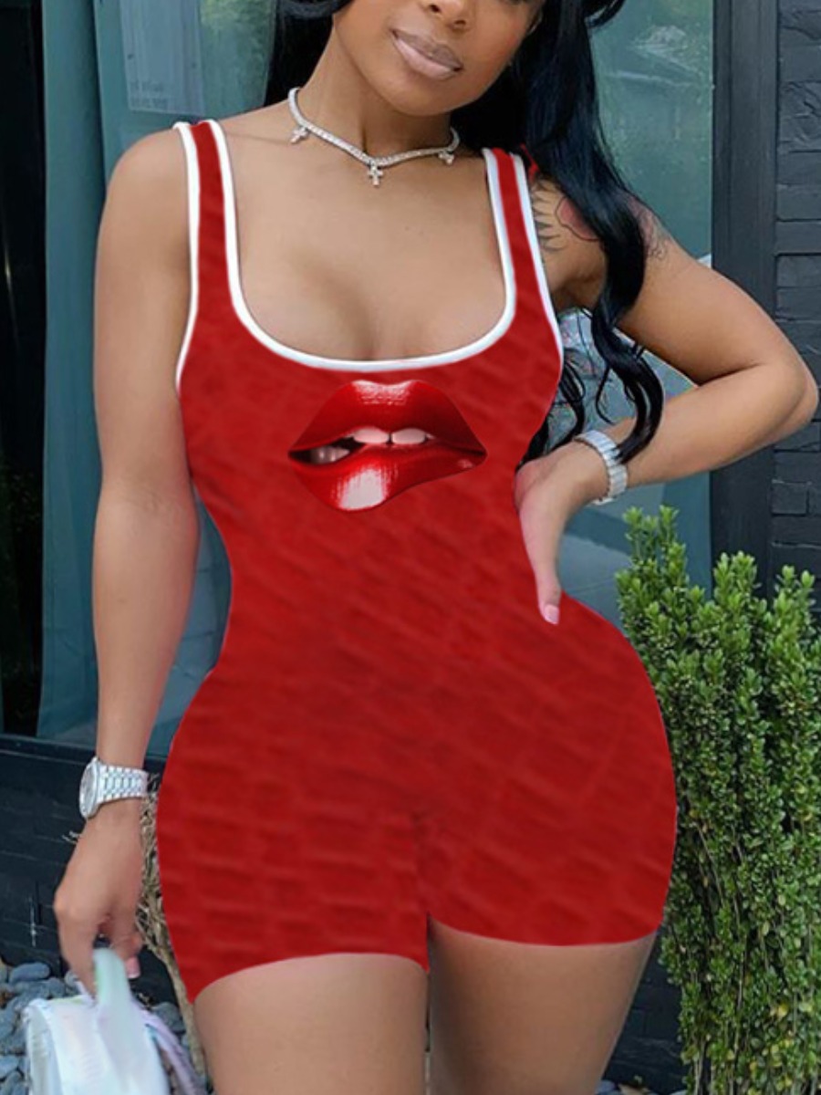 

Lovely Plus Size Casual U Neck Lip Print Red One-piece Romper