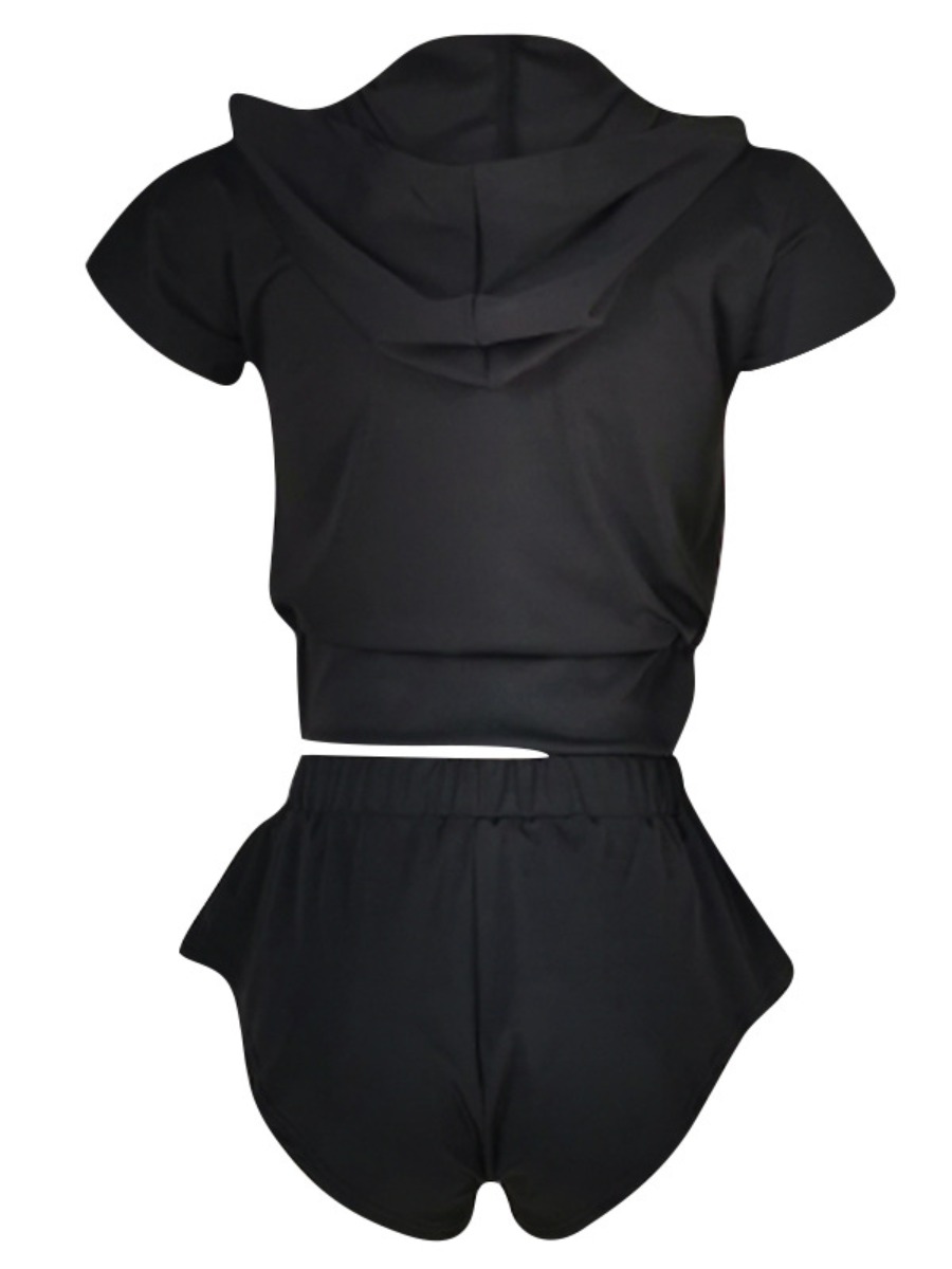 Lovely Casual Mandarin Collar Zipper Design Black Two Piece Shorts Set