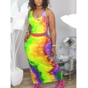 LW U Neck Tie-dye Crop Top Skirt Set