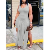 Lovely Casual O Neck Split Grey Two Piece Shorts S