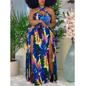 LW Plus Size Boho Floral Print High Split Blue Flo