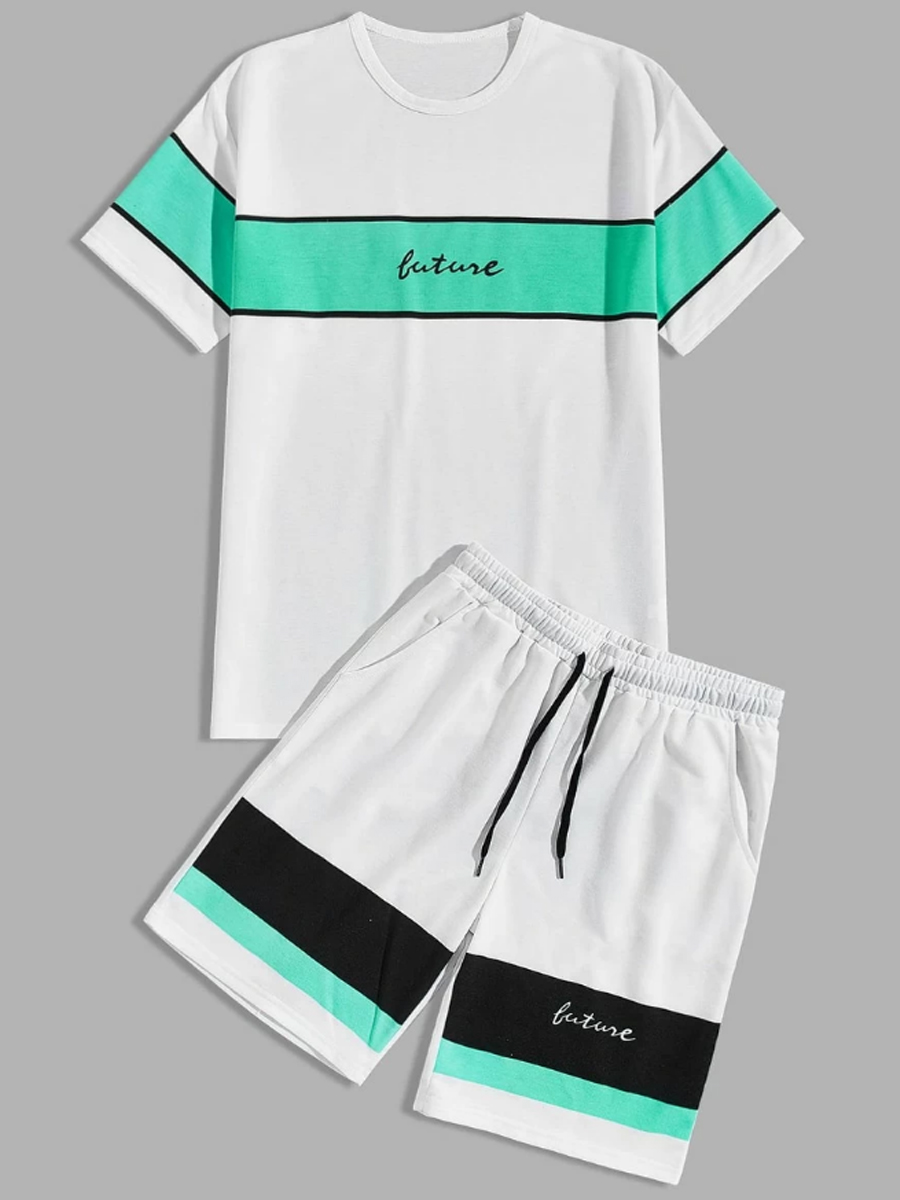

LW Men Casual Striped Drawstring White Two Piece Shorts Set