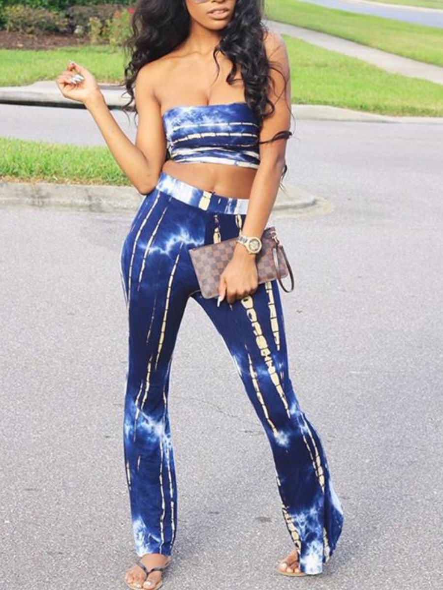 

LW Street Off The Shoulder Tie Dye Blue Two Piece Pants Set