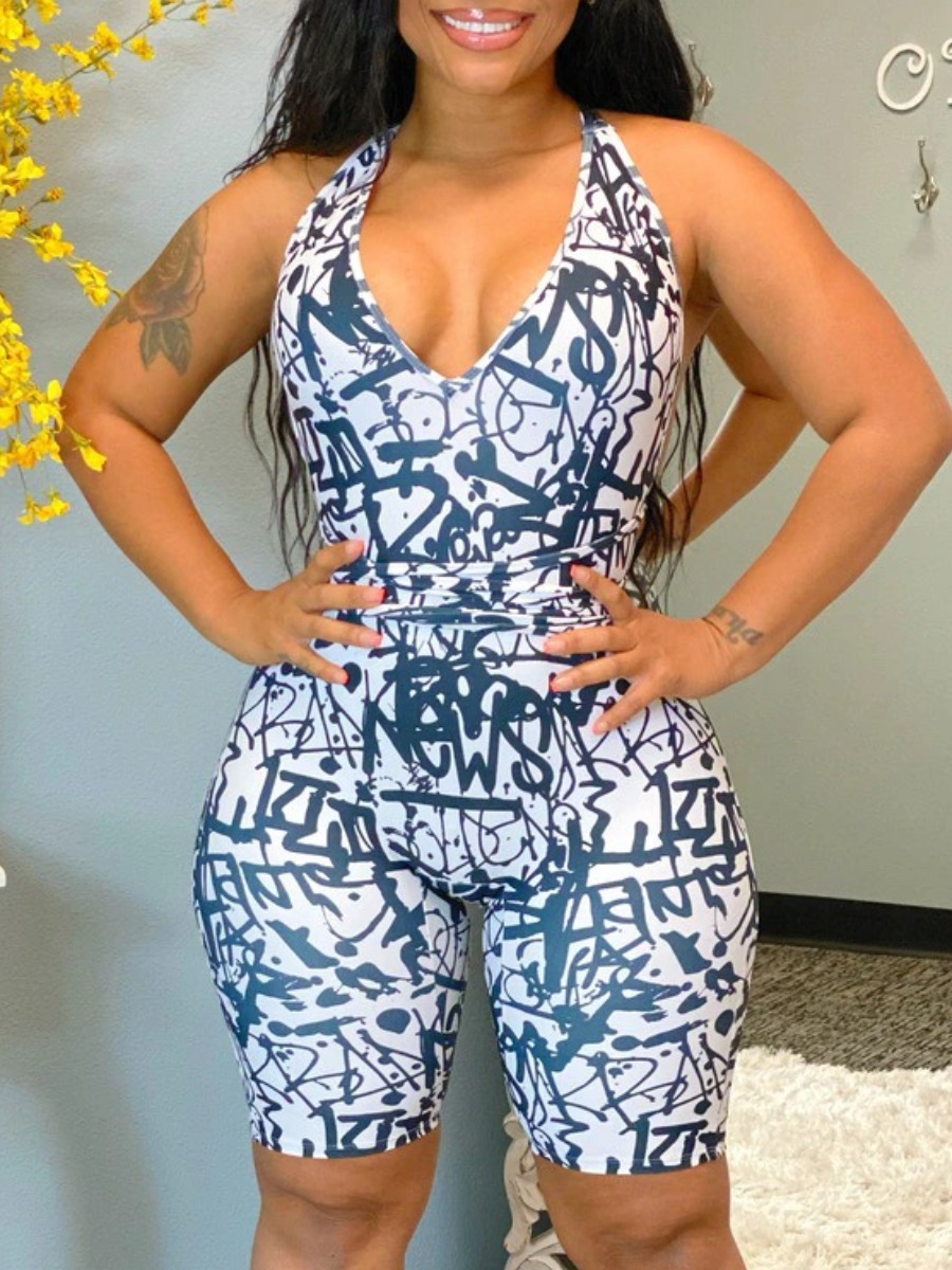 

Lovely Street Backless Graffiti Print Blue One-piece Romper