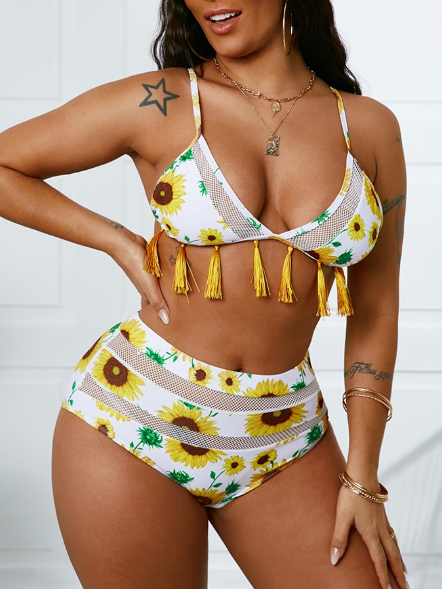 

Lovely Boho Floral Print Mesh Tassel Design Yellow Two-piece Swimsuit