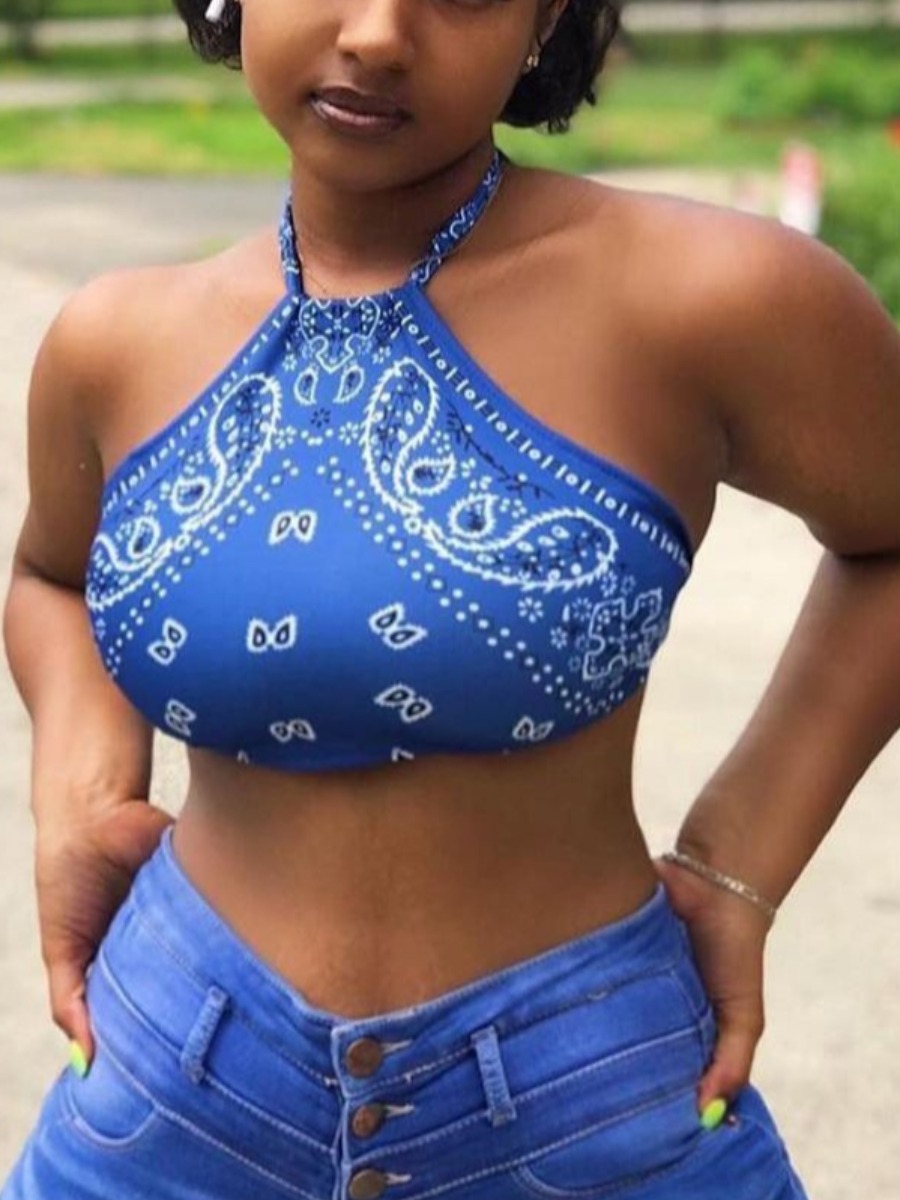 

Lovely Street Off The Shoulder Cashew Print Blue Camisole