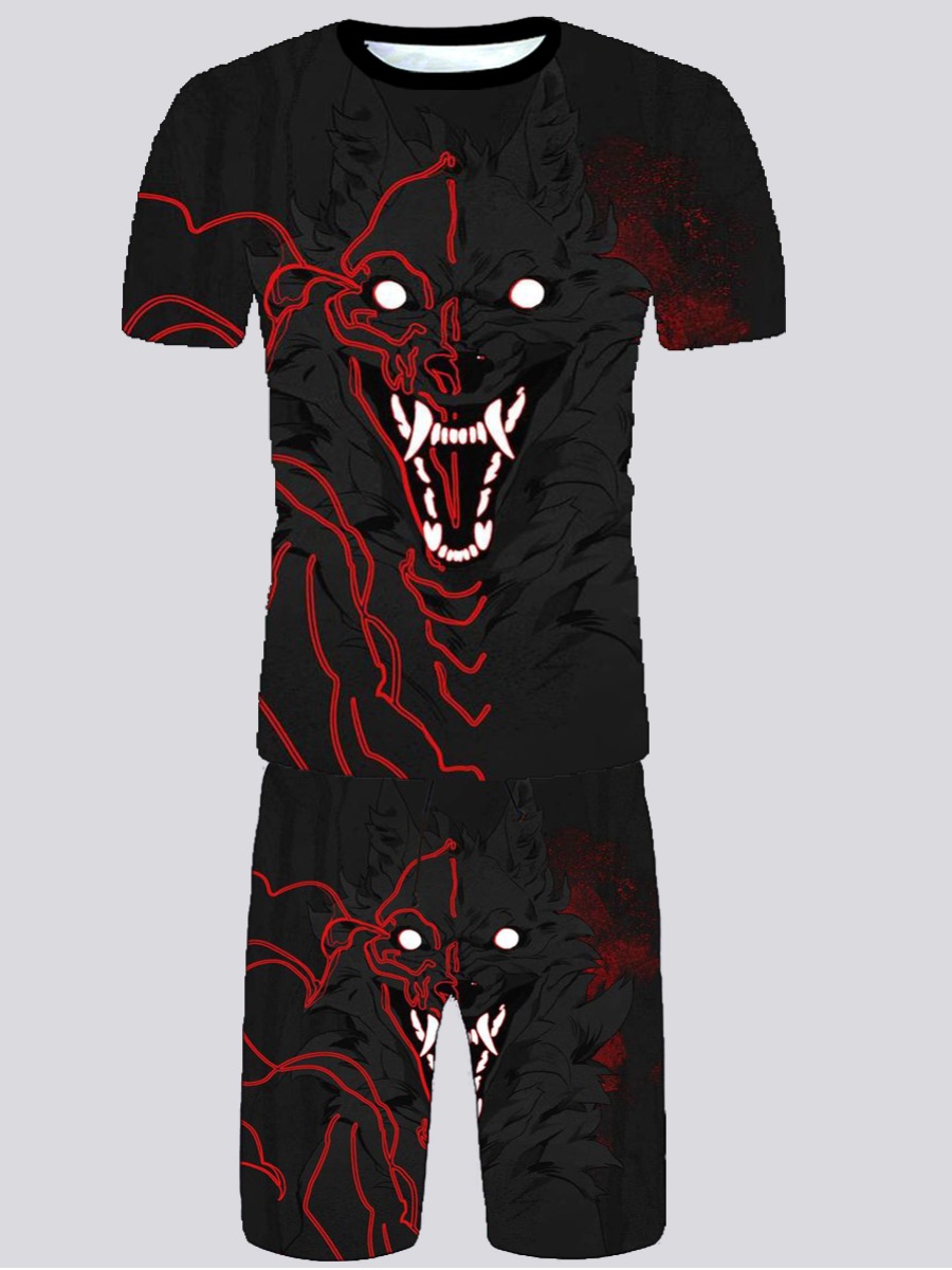 

Lovely Men Street O Neck Beast Print Black Two Piece Shorts Set