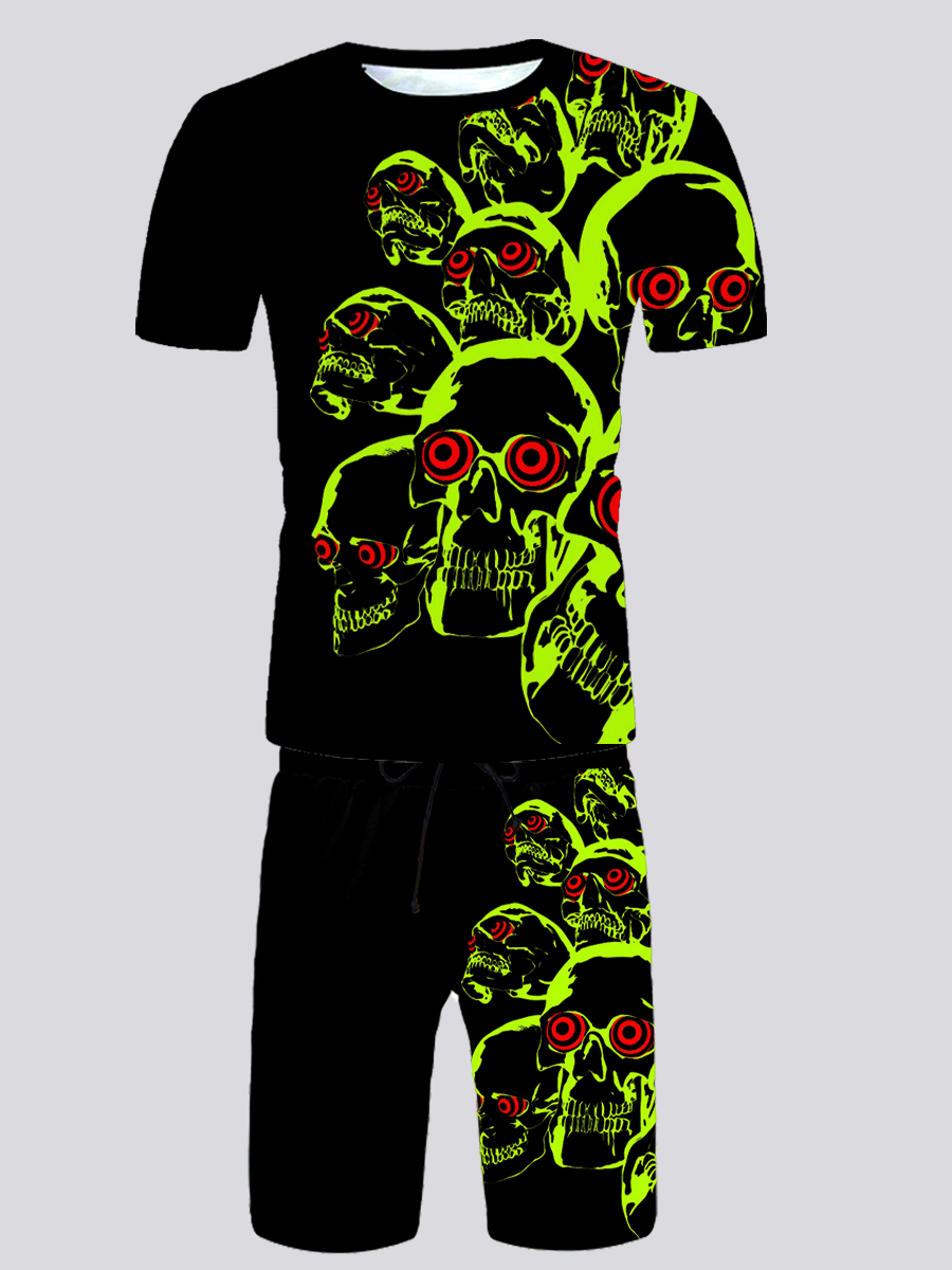 

Lovely Men Street O Neck Skull Head Print Black Two Piece Shorts Set