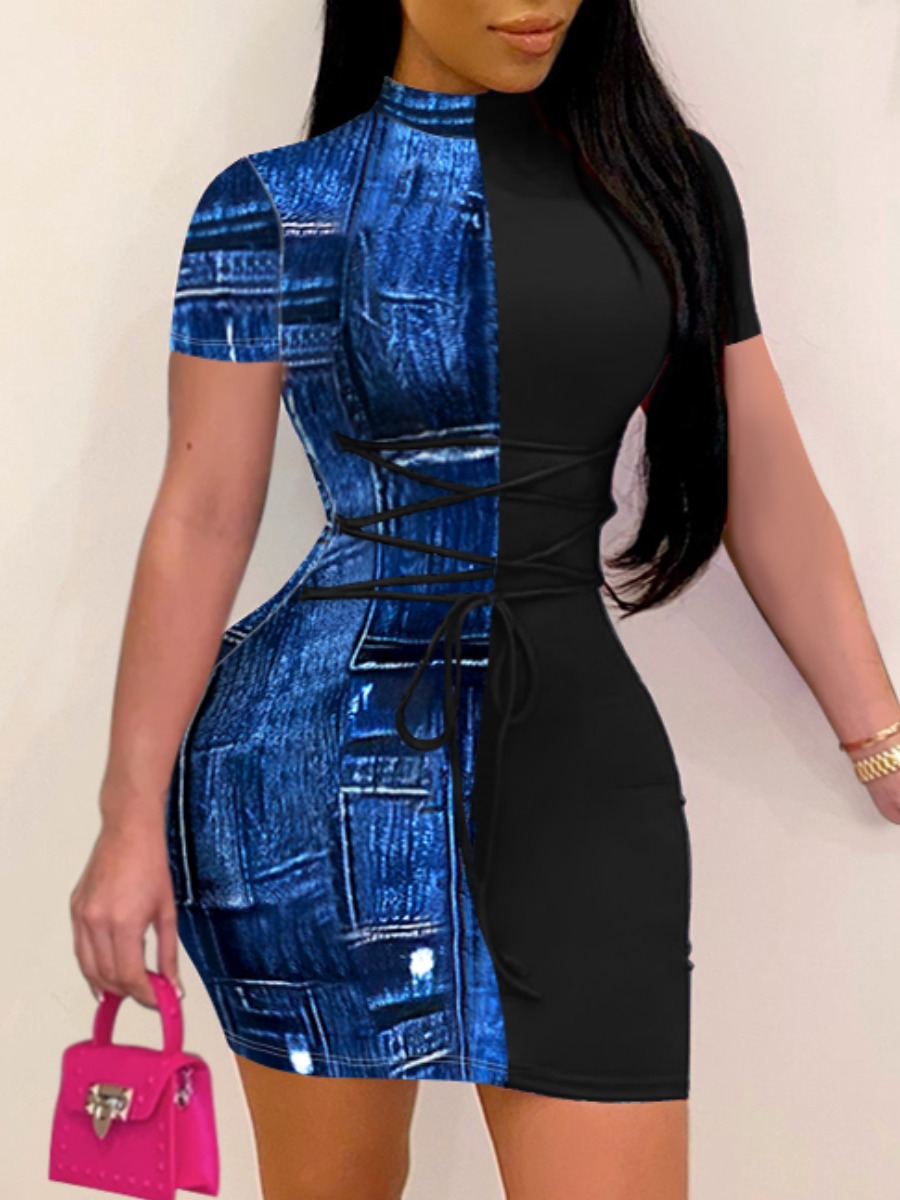 

Lovely Casual Print Patchwork Bandage Design Deep Blue Mini Dress