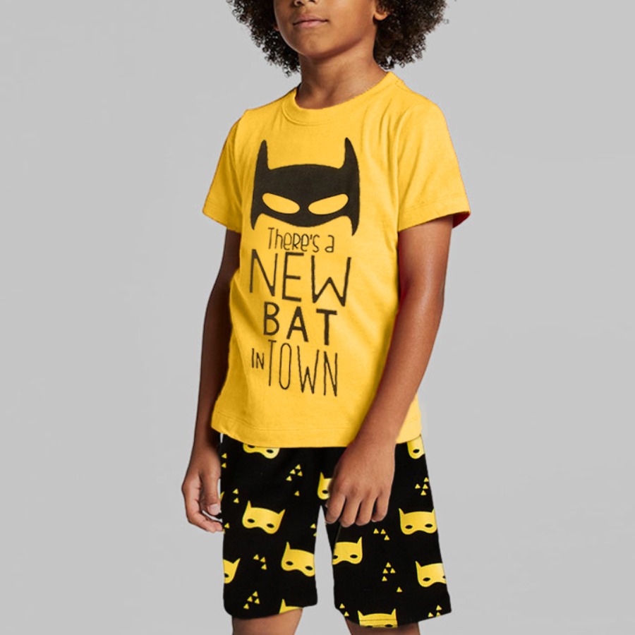 

Lovely Boy Casual Face Mask Letter Print Yellow Two Piece Shorts Set