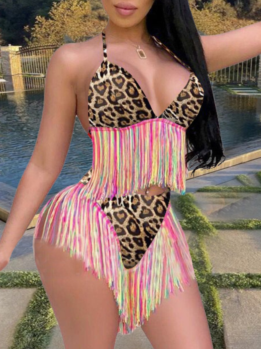 

Lovely Boho Leopard Print Tassel Design Two-piece Swimsuit