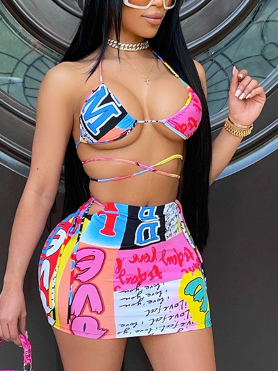 

Lovely Boho Letter Print Bandage Design Multicolor Two-piece Swimsuit, Multi