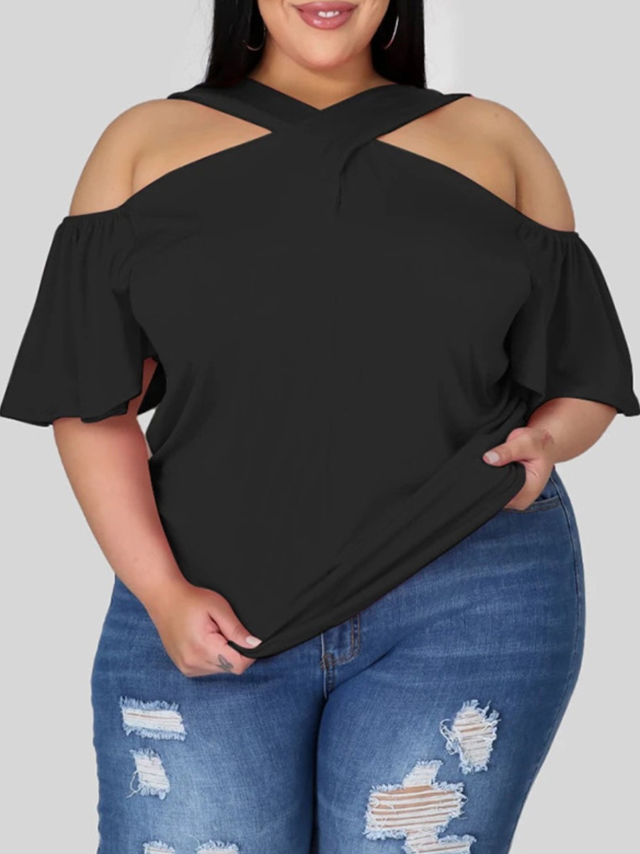 

Lovely Plus Size Casual Flounce Design Hollow-out Black T-shirt