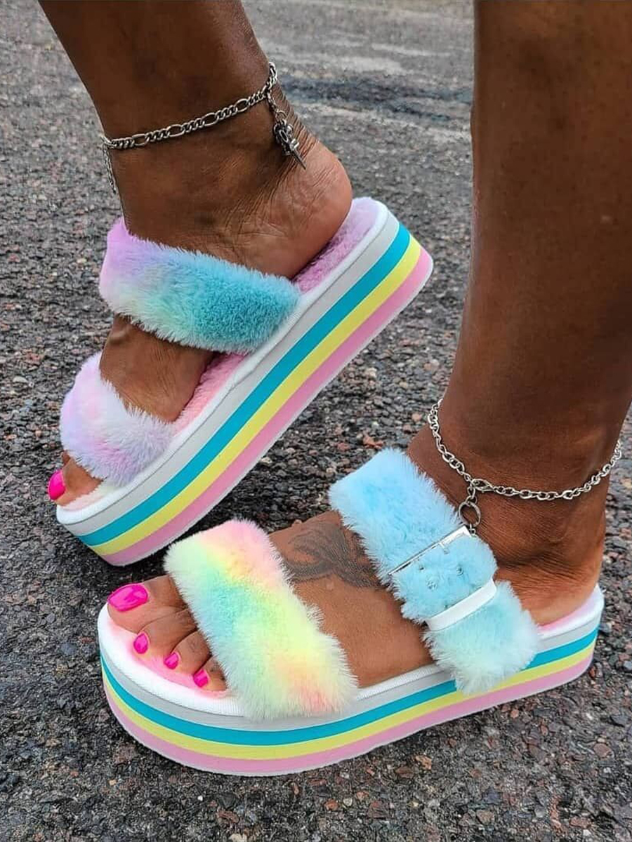 

Lovely Casual Fluffy Buckle Design Multicolor Platform Shoes, Multi