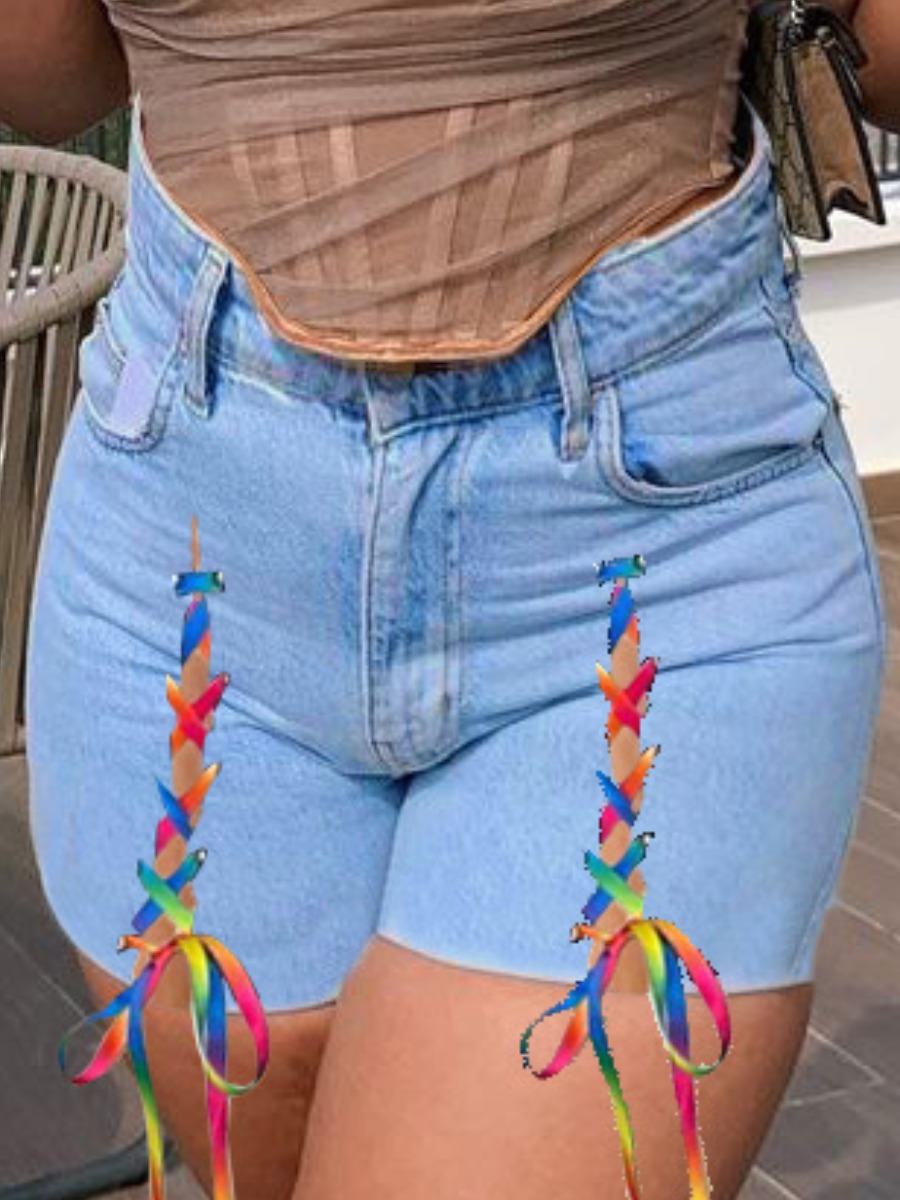 

Lovely Plus Size Street Raw Edge Bandage Design Baby Blue Denim Shorts