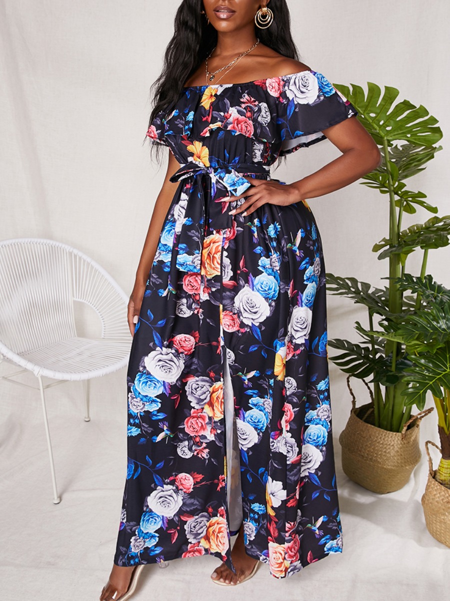 

Lovely Boho Off The Shoulder Floral Print Split Multicolor Ankle Length Dress, Multi