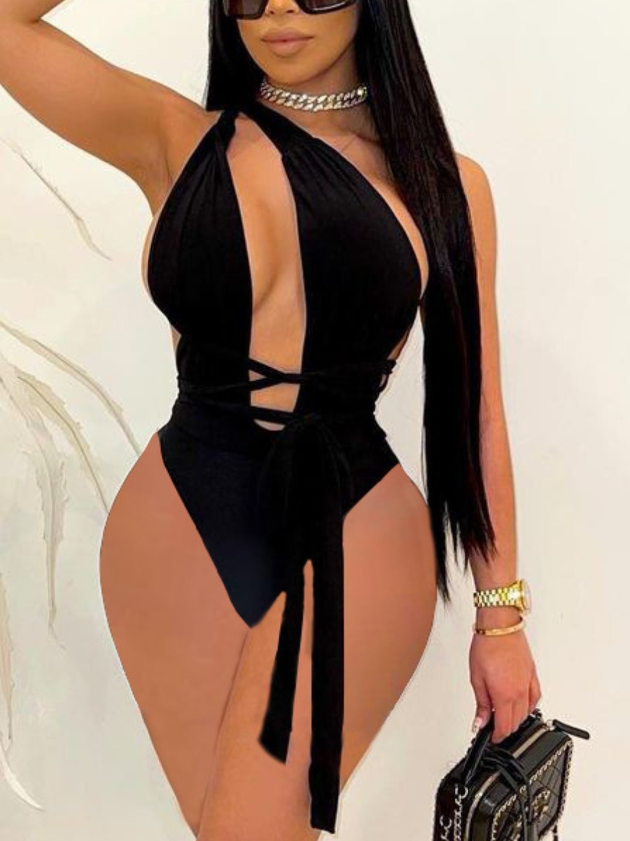 

Lovely Boho Backless Bandage Design Black One-piece Swimsuit