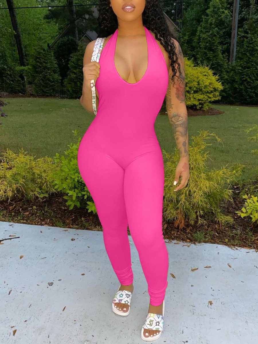 

Lovely Casual U Neck Backless Pink One-piece Jumpsuit