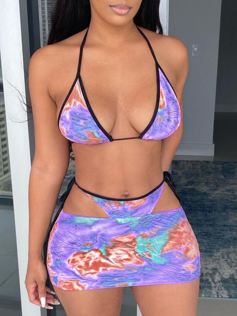 

Lovely Boho Print Bandage Design Light Purple Three-piece Swimsuit