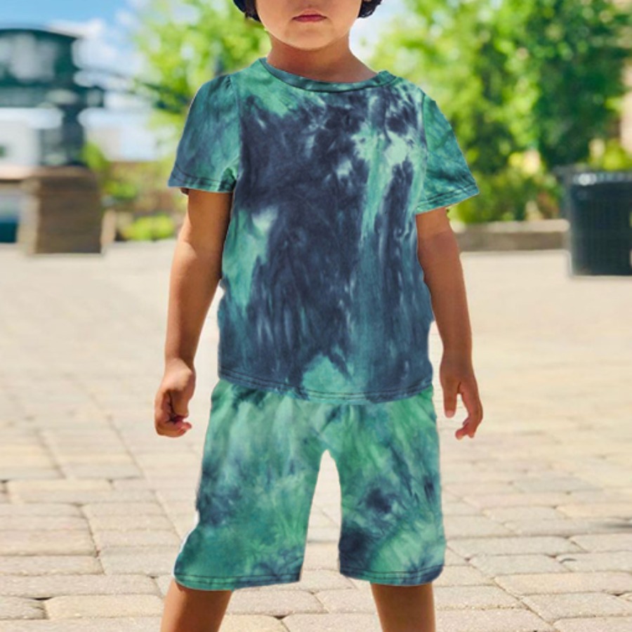 

Lovely Boy Casual O Neck Tie Dye Green Two Piece Shorts Set