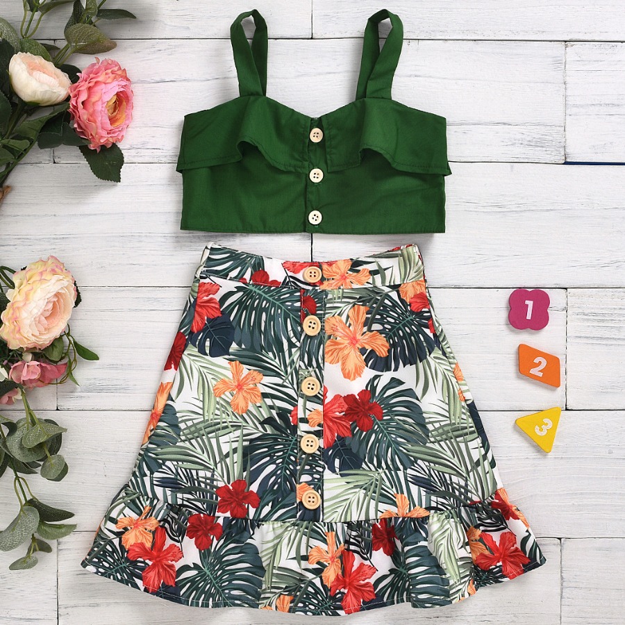 

Lovely Girl Sweet Floral Print Flounce Design Green Two Piece Skirt Set