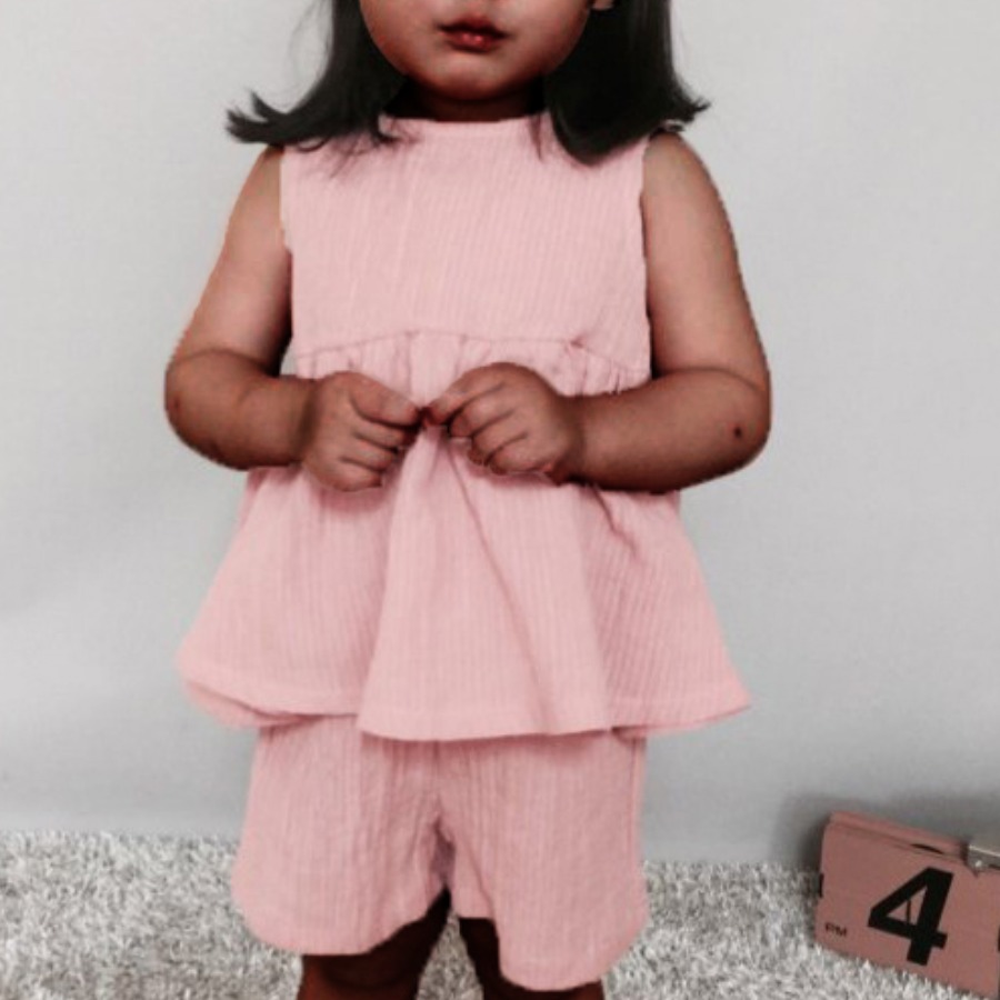 

Lovely Girl Casual O Neck Flounce Design Pink Two Piece Shorts Set