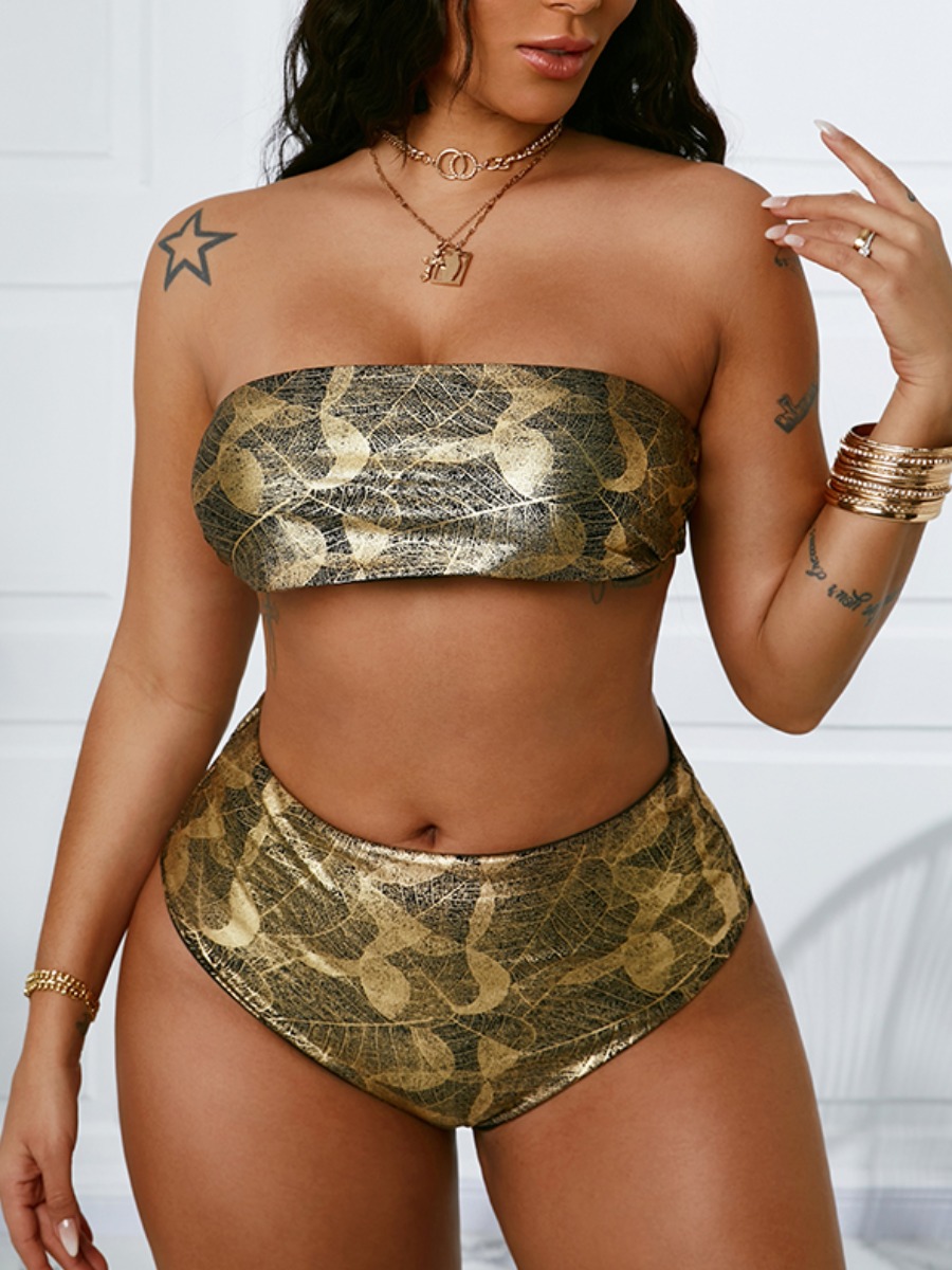 

LW Boho Off The Shoulder Print Gold Two-piece Swimsuit