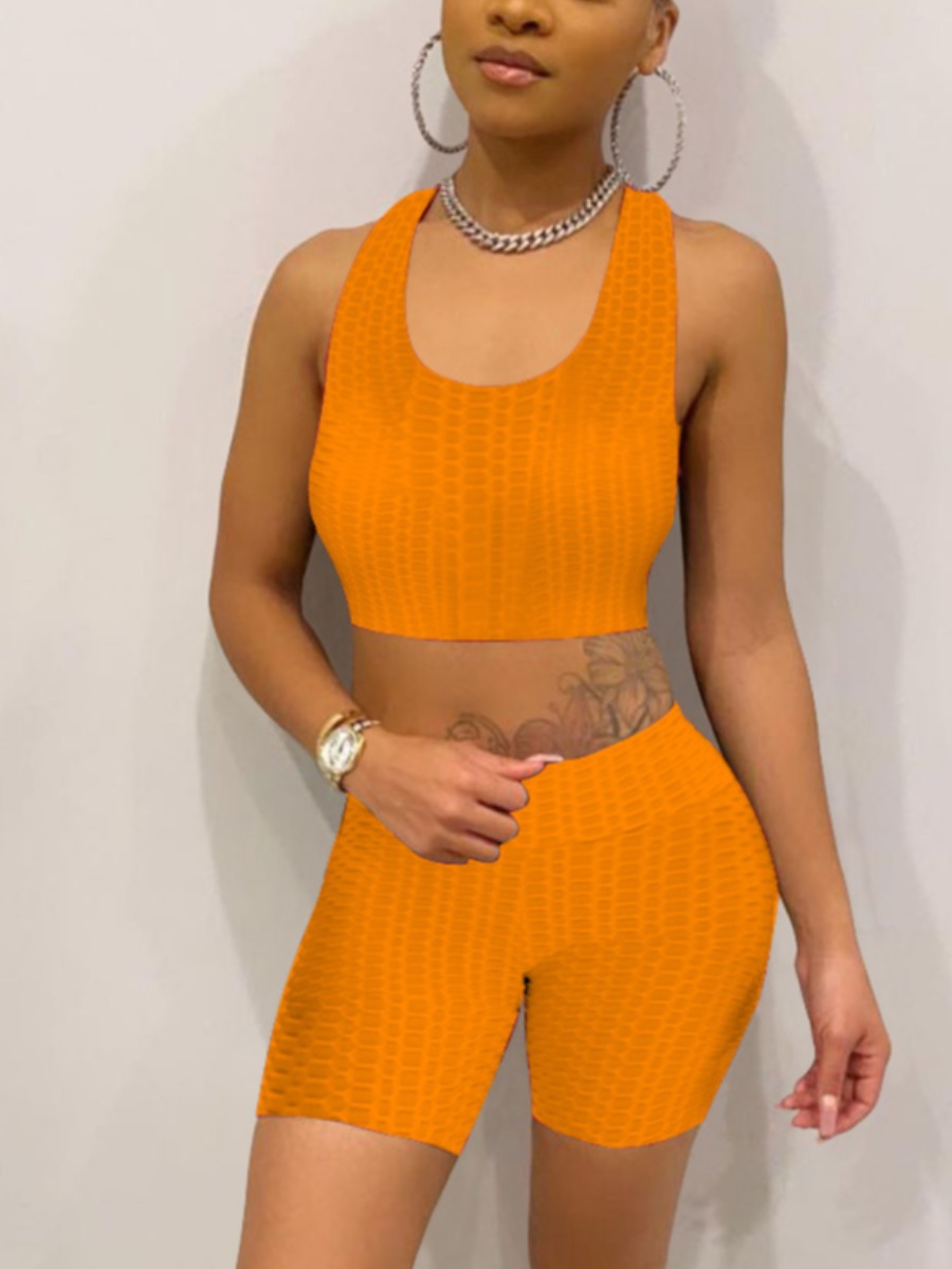 

LW Sporty U Neck Elastic Yellow Yoga Two Piece Shorts Set, Orange