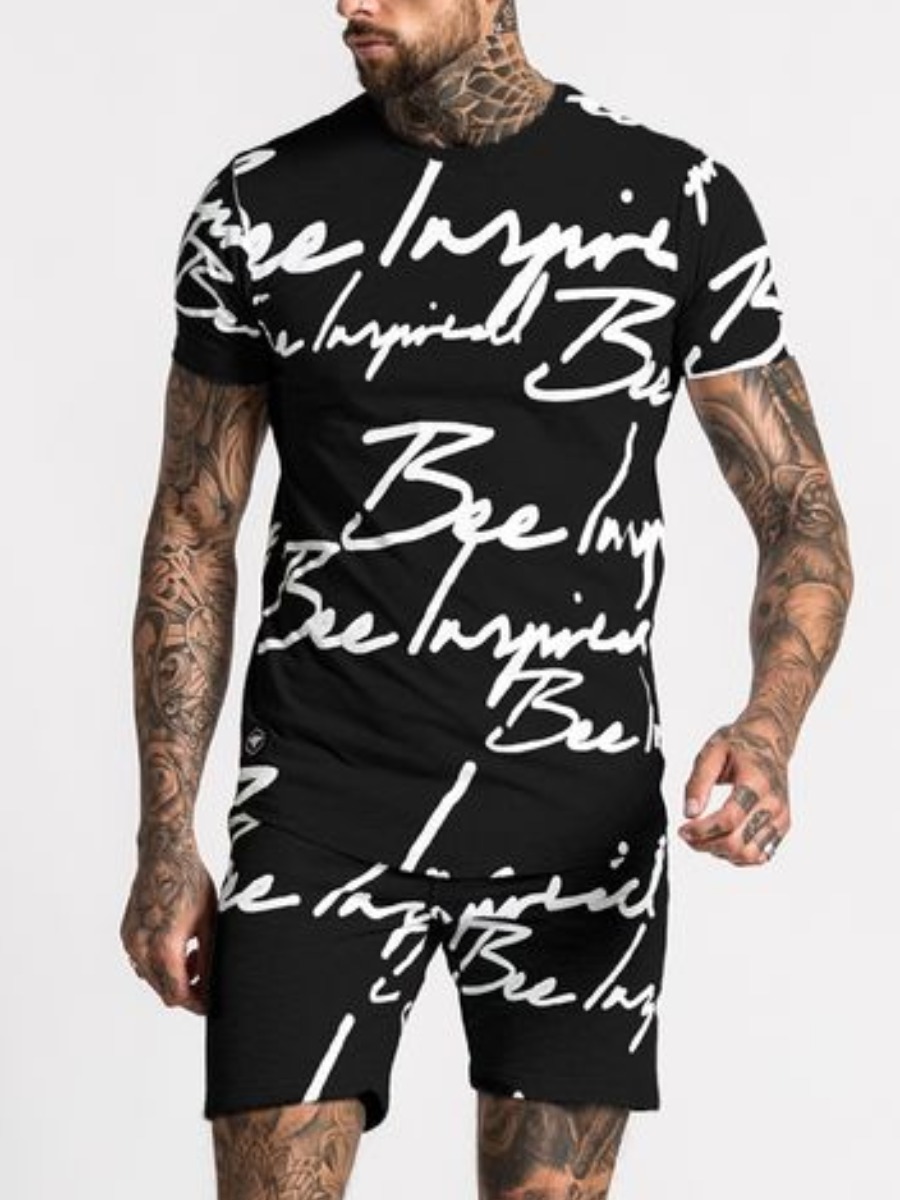 

LW Men Street O Neck Letter Print Black Two Piece Shorts Set