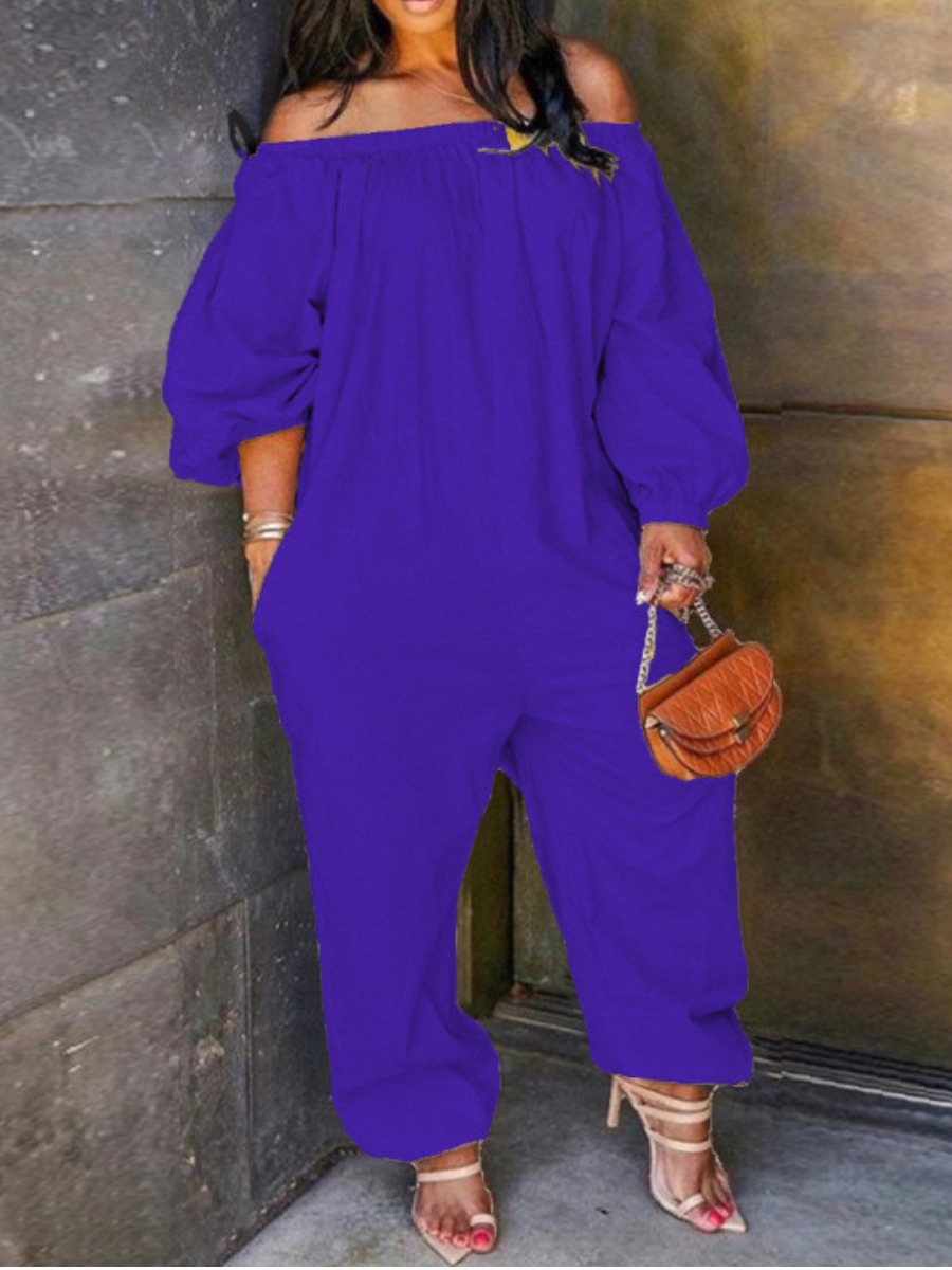 

LW Plus Size Off The Shoulder Pocket Design Loose Jumpsuit, Blue