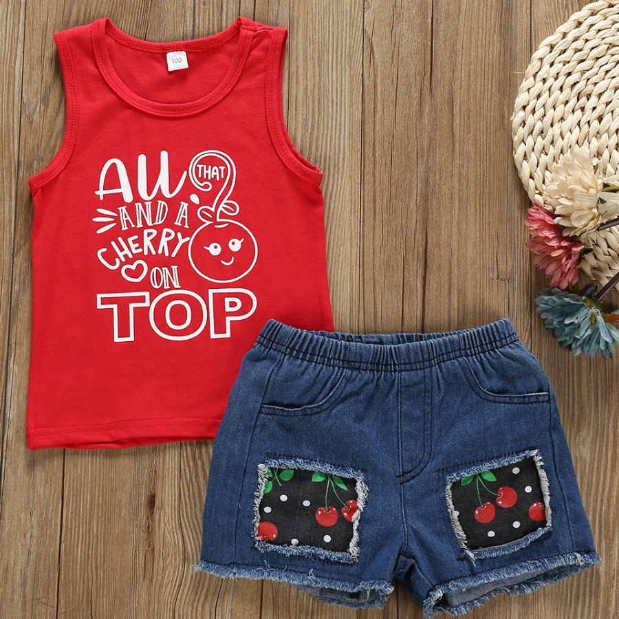 

Lovely Girl Casual Letter Fruit Print Raw Edge Red Two Piece Shorts Set