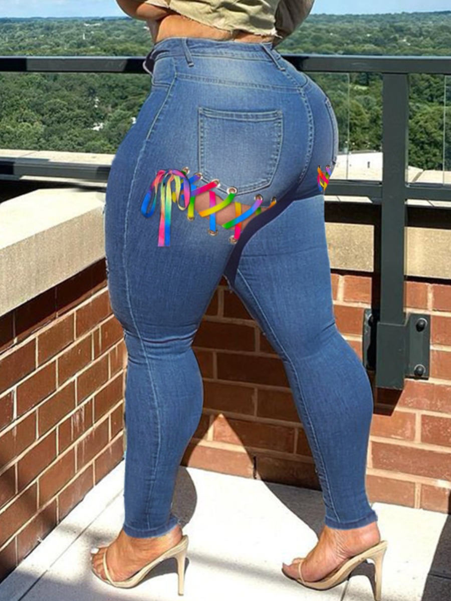 

Lovely Plus Size Casual Bandage Hollow-out Design Blue Jeans