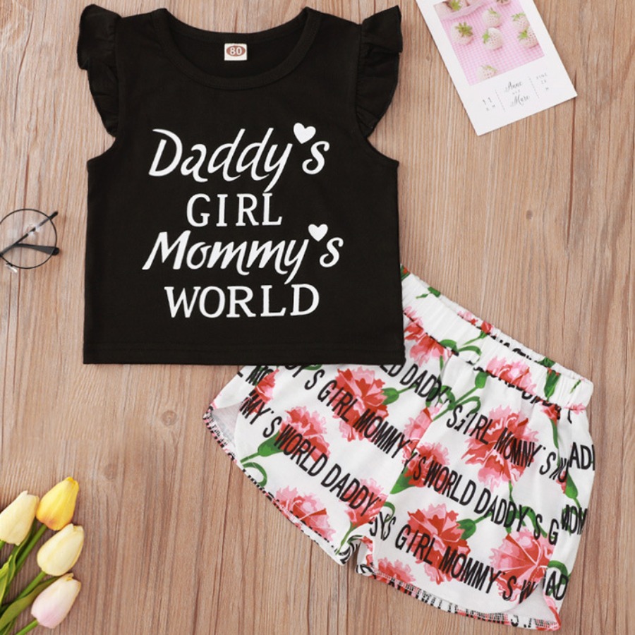 

Lovely Girl Sweet Floral Letter Print Ruffle Design Black Two Piece Shorts Set