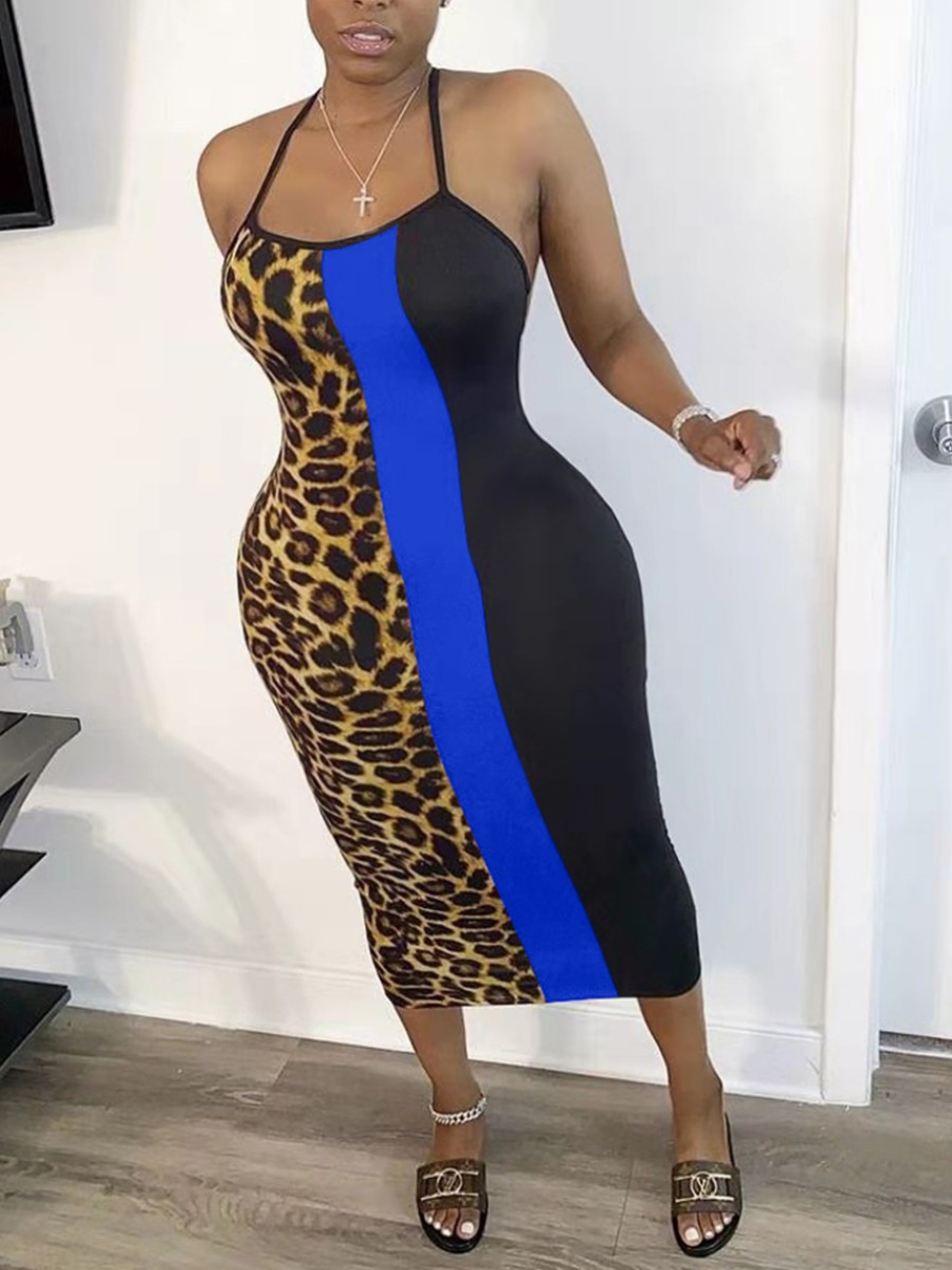 

Lovely Plus Size Street Leopard Print Backless Blue Mid Calf Dress