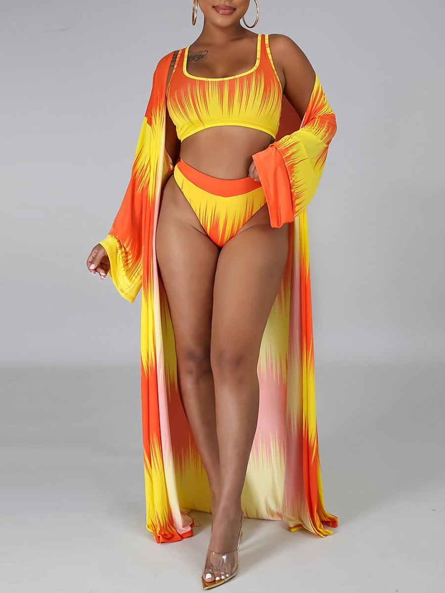Orange 3 Piece Printed Bikini Set med Tassel Beach Dress main image 1
