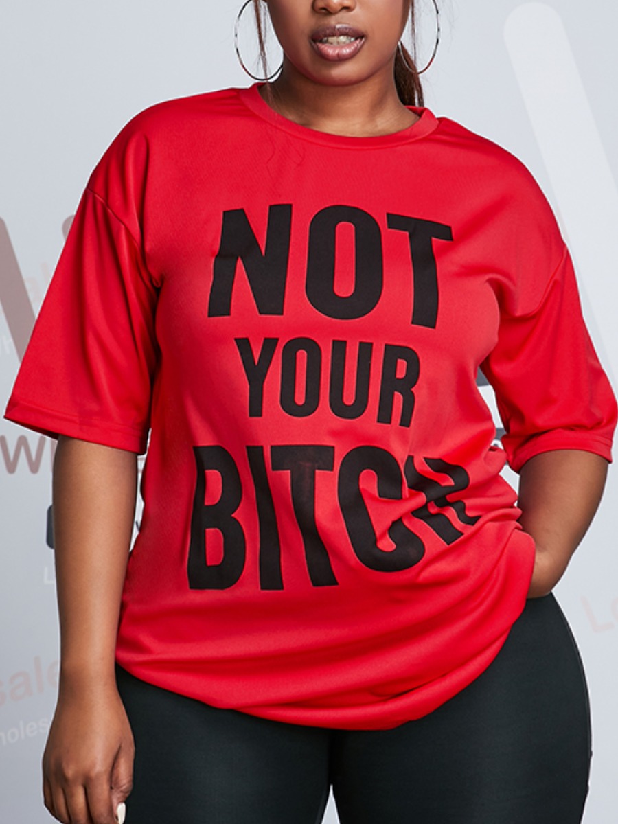 

Lovely Plus Size Casual O Neck Letter Print Red T-shirt