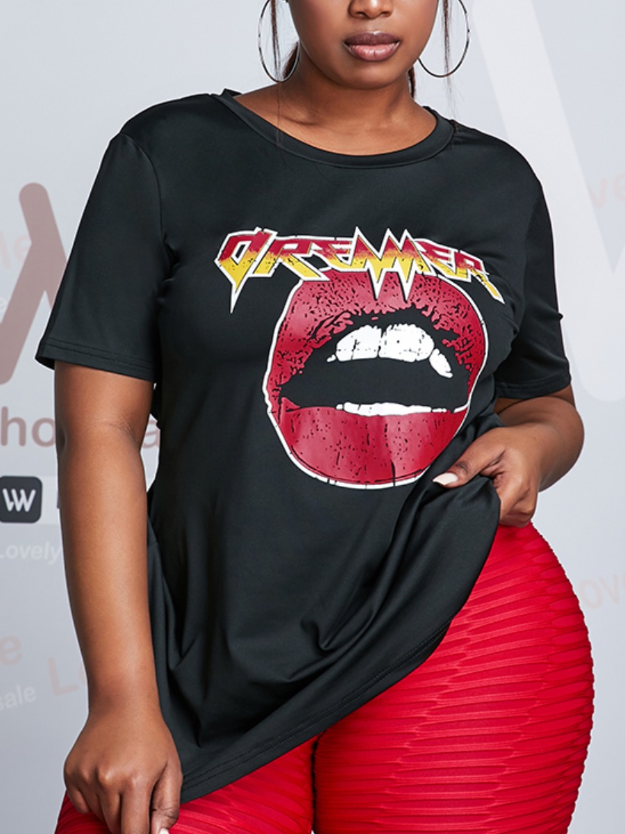 

Lovely Plus Size Street Lip Letter Print Black T-shirt