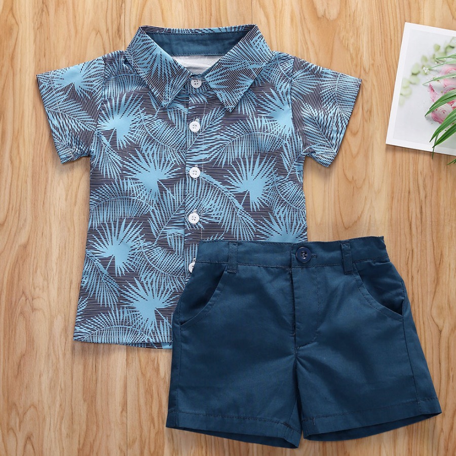 

Lovely Boy Boho Turndown Collar Floral Print Blue Two Piece Shorts Set