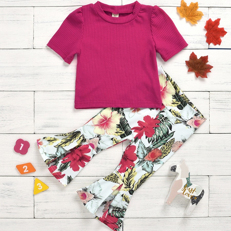 

Lovely Girl Casual Floral Print Flared Rose Red Two Piece Pants Set
