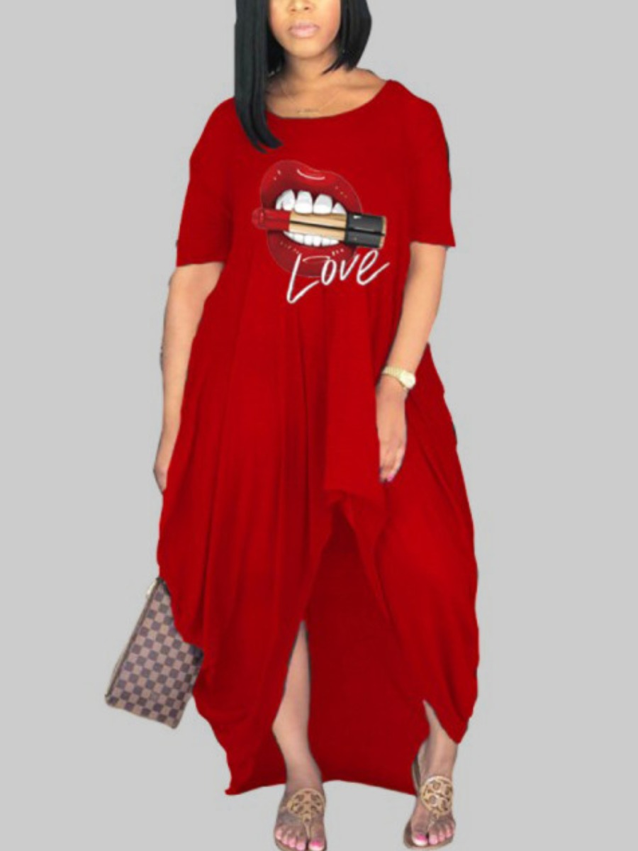 

LW Plus Size Casual O Neck Lip Print Asymmetrical Red Ankle Length Dress