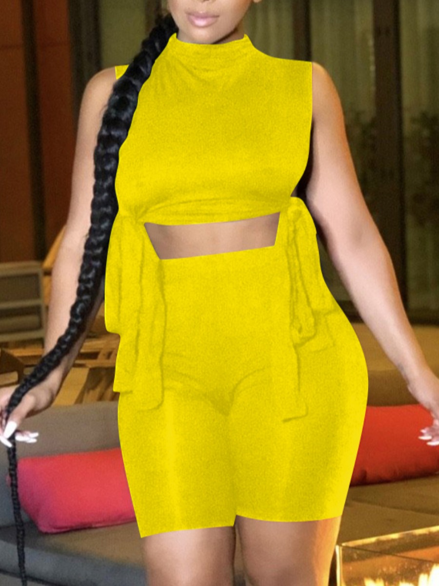 

Lovely Casual Turtleneck Bandage Design Yellow Two Piece Shorts Set